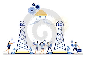 Illustration design of communication tower installed 5g internet system communicate more easily with cloud and wireless network.