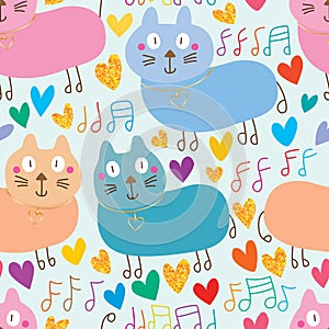 Cat cute music note walk gold glitter seamless pattern