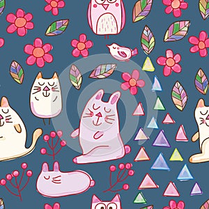 Rabbit cat bird different world watercolor seamless pattern