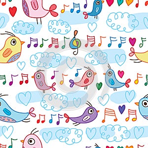 Bird follow music note horizontal seamless pattern