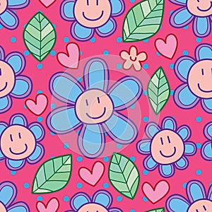 Flower smile cartoon leaf seamless pattern