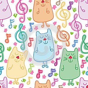 Music cat music note seamless pattern