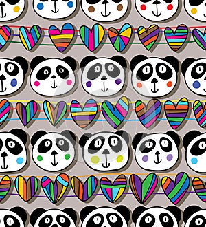 Panda head love horizontal seamless pattern