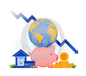 illustration design of economic crisis recession in financial banking system. investment saving piggy bank with globe and decline