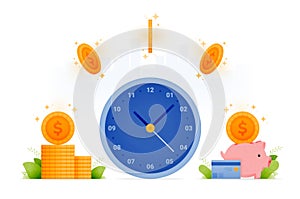 Illustration design of financial management and banking. time to save. stacks of coins fly into the piggy bank. saving and