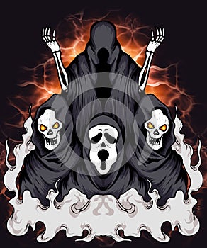 illustration design of four scary grim reapers