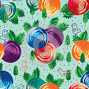 Geo rose circle group leaf bird line seamless pattern