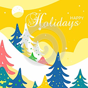 illustration design with images of trees and snow on a yellow background with the words happy holiday