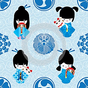 Japanese Mon doll Daruma Maneki symmetry seamless pattern photo