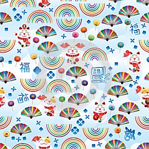 Maneki Neko sky blue Fu rainbow line fan seamless pattern