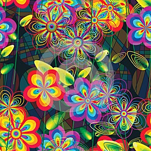 Rainbow flower leaf branch circle ball effect seamless pattern CMYK