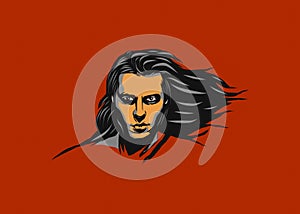 Illustration design of a young man's face with long hair and red background