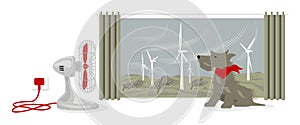 Illustration of desk fan blowing a dogs face. Outside, wind is powering a wind farm and bending trees