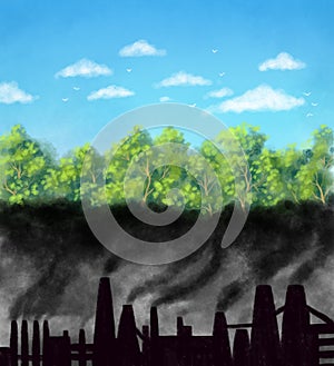 Illustration. destruction of the atmosphere, smog of factories, in the place of which there could be an evil forest. problems of