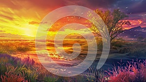 Illustration of detailed landscape at sunset