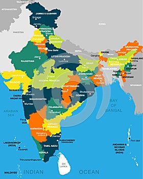 Illustration of detailed map of India vector, Asia with all states and country boundary