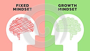 Illustration of The Difference Between a Fixed vs Growth Mindset. Chaos and Order thoughts mindset concept vector. Two heads of a