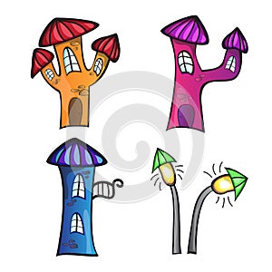 Illustration of the different cartoon houses on a white background