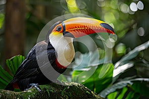 Digital artwork of  playful toucan perched on the tree branch of an enchanted rainforest, its vibrant beak and colorful plumage a photo