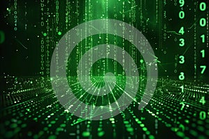 Illustration of digital background of green binary code on a dark green background, with falling numbers and a matrix style d