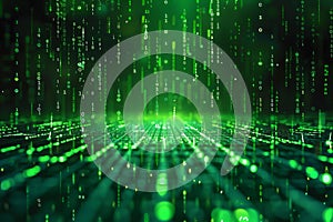 Illustration of digital background of green binary code on a dark green background, with falling numbers and a matrix style d