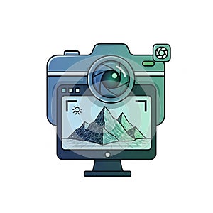 Illustration of a digital camera with a mountain landscape on its screen. The camera