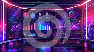 An illustration of a digital data analysis dashboard. Computer server room set with database storage, blockchain, and