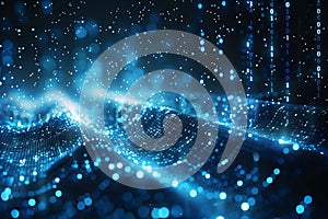 Illustration of digital data stream background with binary code, dark blue and white colors