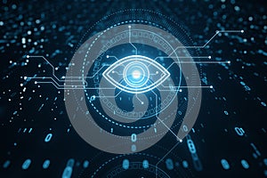 Illustration of digital eye neon style on blue background, computer vision and hightech future technology concept. 3D