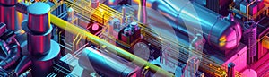 Illustration of a digital factory icon in a vibrant colorful setting