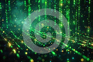 Digital image of cinematic background of falling green binary code on a dark background