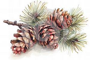 Digital image of  illustration of pine cones on a branch, high quality, high resolution