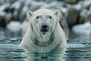 Digital image of  polar bear in the water with its reflection in the water