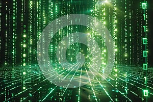 Illustration of  digital matrix of green binary code, with rays of light emanating from the center and reflecting off each ot