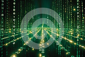 A digital matrix of green binary code, with rays of light emanating from the center and reflecting off each other to create a