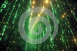 A digital matrix of green binary code, with rays of light emanating from the center and reflecting off each other to create a