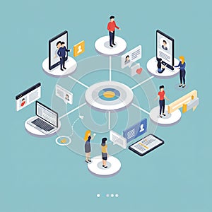 Illustration of a digital network concept featuring people and devices connected by