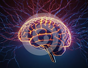 illustration of digital neural connections and human brain silhouette activity