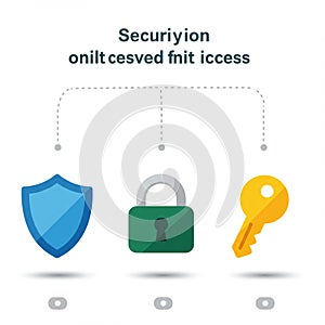 Illustration of digital security elements. Three icons: a blue shield representing