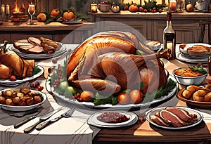 Illustration of a dining table with typical Christmas foods and a beautiful roast turkey in the center