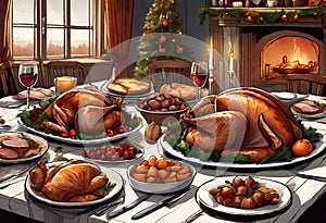 Illustration of a dining table with typical Christmas foods and a beautiful roast turkey in the center