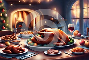 Illustration of a dining table with typical Christmas foods and a beautiful roast turkey in the center