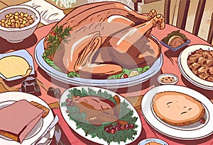 Illustration of a dining table with typical Christmas foods and a beautiful roast turkey in the center