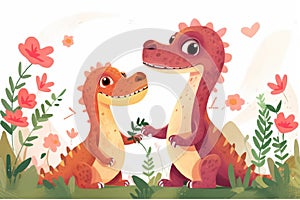 Illustration of a dinosaur mom and her baby with flowers around on a white background.