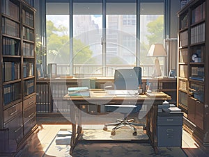 Illustration of the director\'s office in anime style.