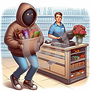 Illustration of a disguised person stealing goods while a cashier works oblivious at the store