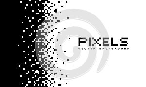 Illustration disintegrates or dissolves on the pixel pattern. Vector concept of technology. Place for text. Monochrome style.