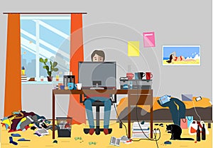 Illustration of a Disorganized Room Littered With Pieces of Trash. Room where young I.T. Guy, Bachelur or Student lives