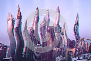 Illustration of distorted 3D skyscrapers and an urban city skyline