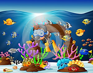 Illustration of diver under the sea